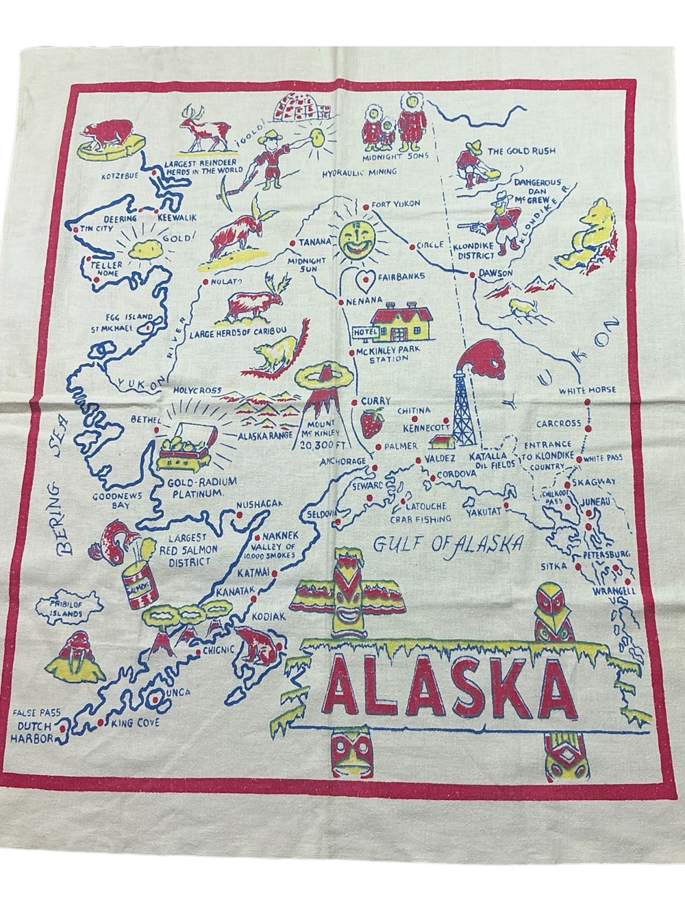 Vintage Alaska 1950s cotton/linen souvenir tablecloth 29 x 34 USA